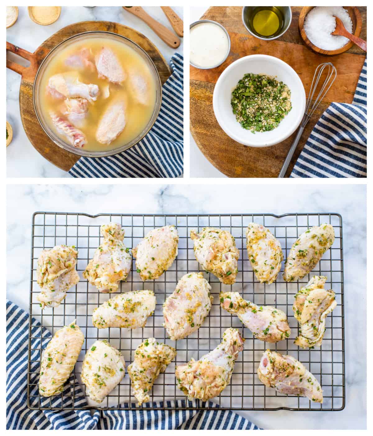 Collage showing how to make pickle brined ranch chicken wings.