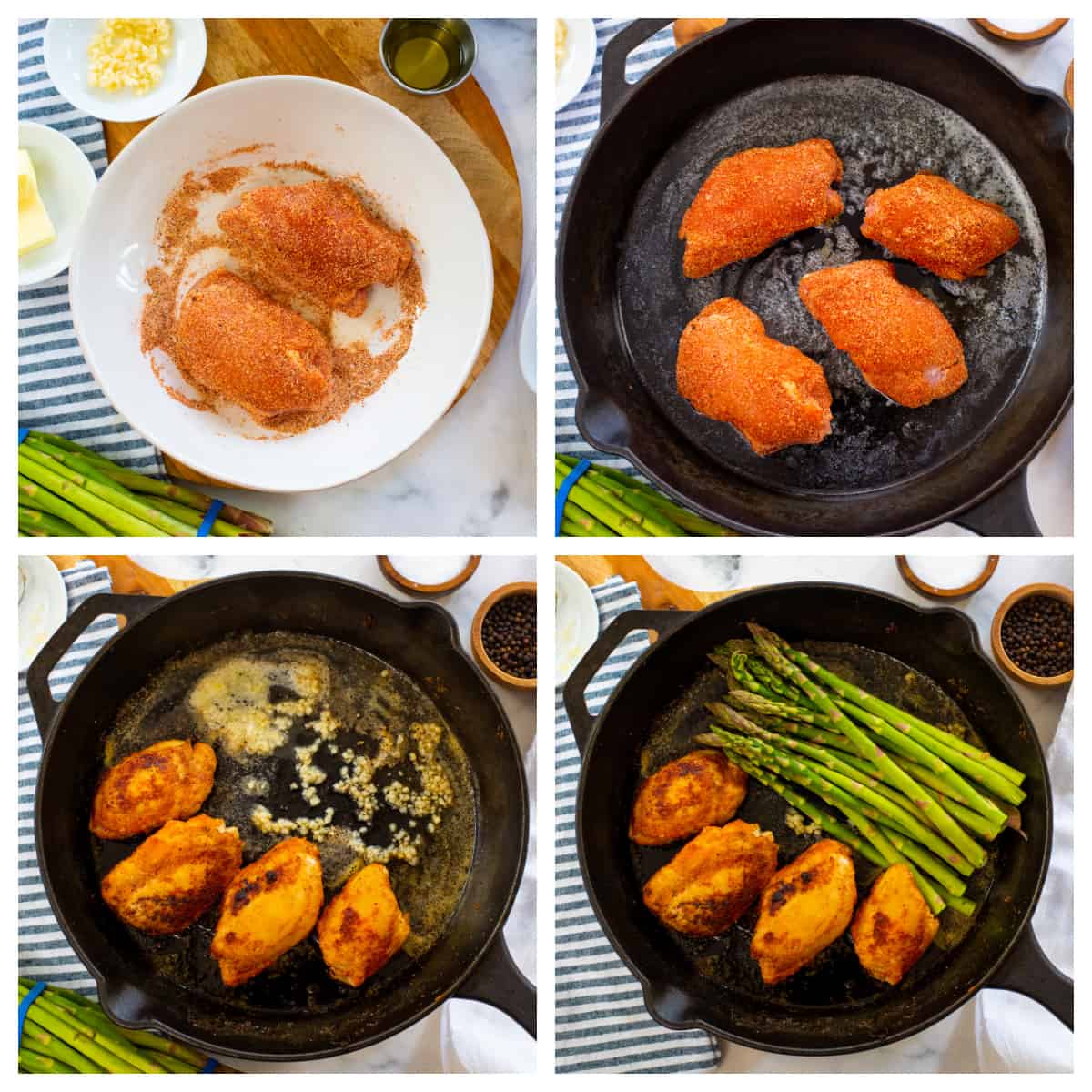 Collage showing how to make one skillet chicken and asparagus with garlic butter.
