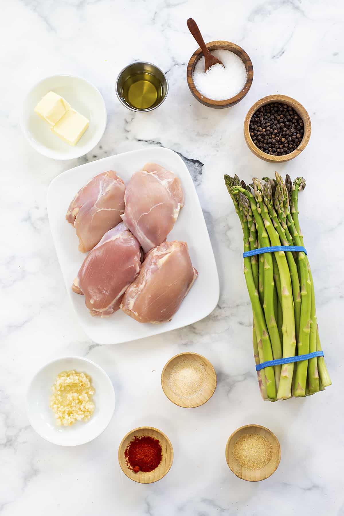 Ingredients for chicken and asparagus skillet recipe.