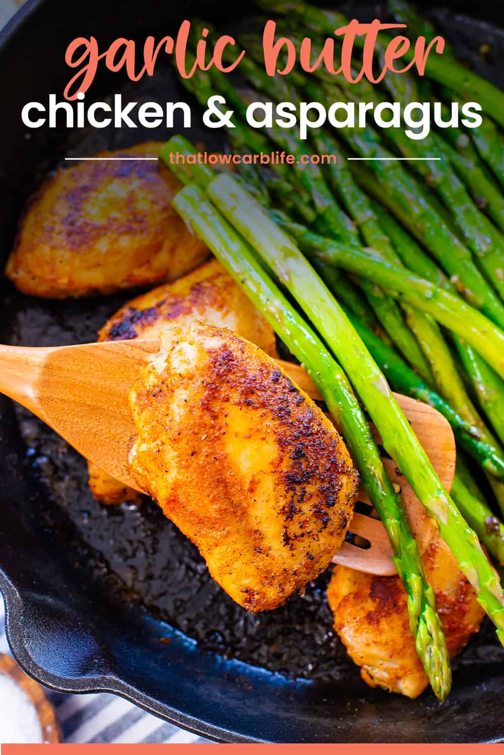Chicken thighs and asparagus in cast iron skillet.