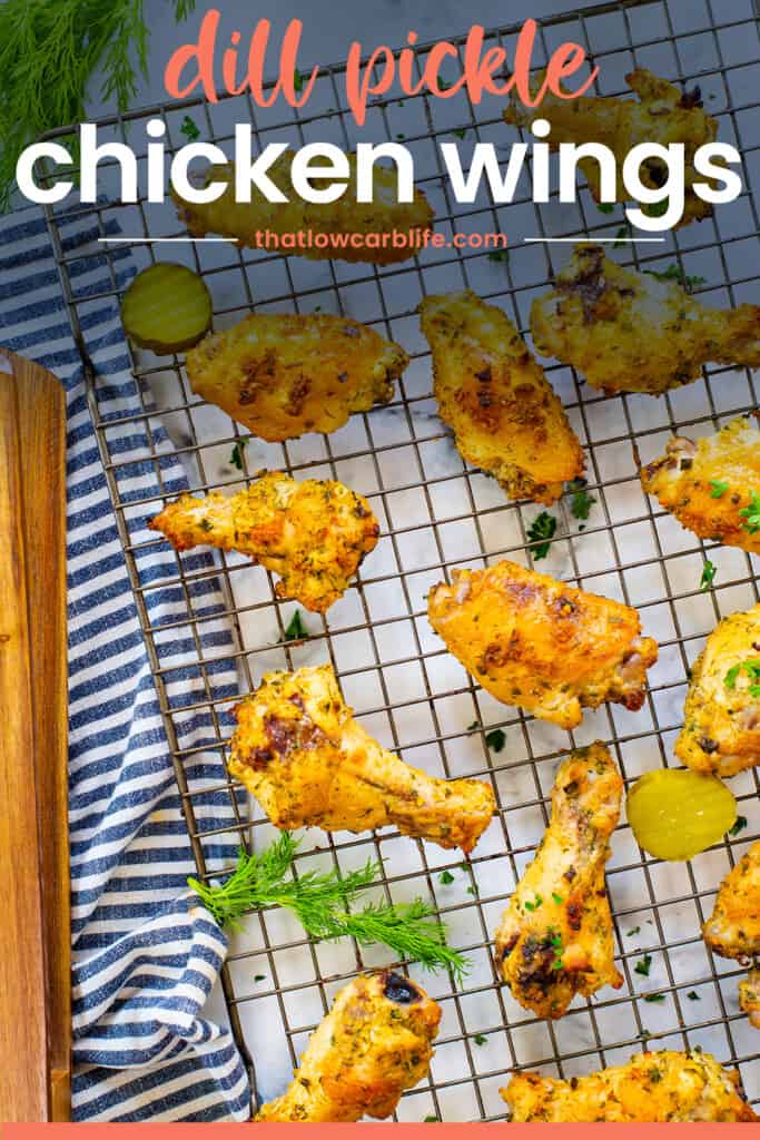 Dill pickle chicken wings on wire rack with text for Pinterest.