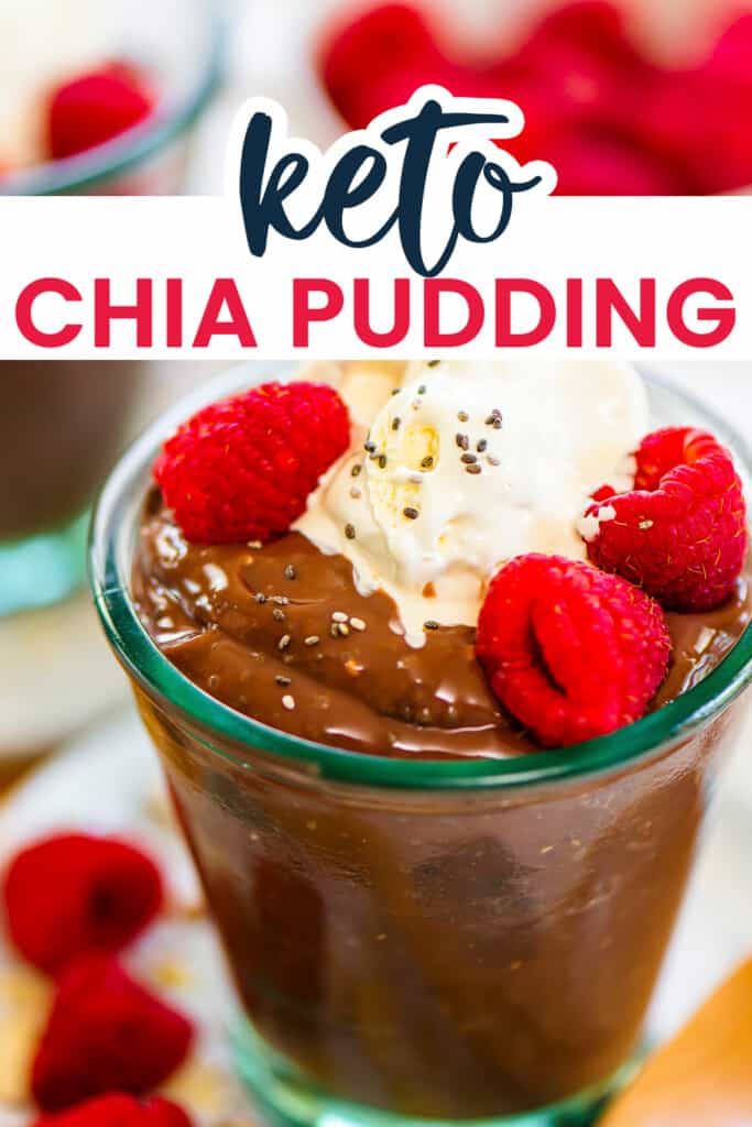 Chocolate chia pudding topped with whipped cream and raspberries.
