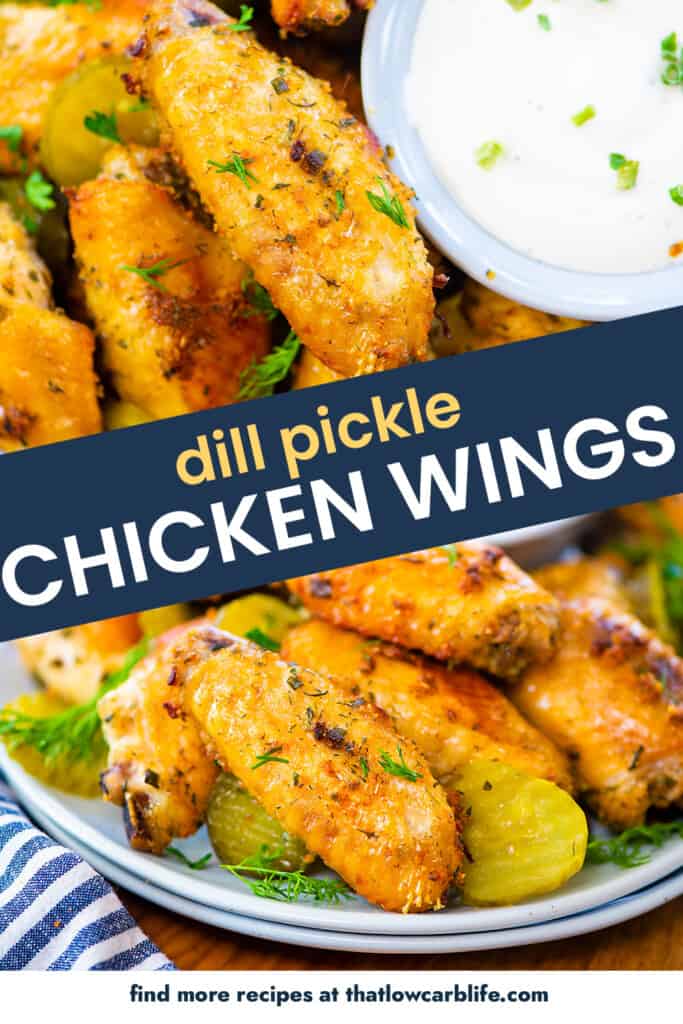Collage of dill pickle chicken wings images.