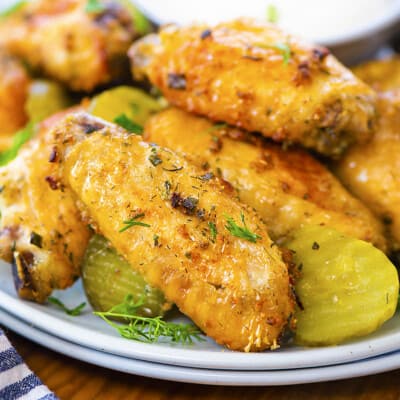 Plate full of dill pickle ranch chicken wings.