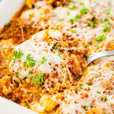 Cauliflower ziti recipe in baking dish.