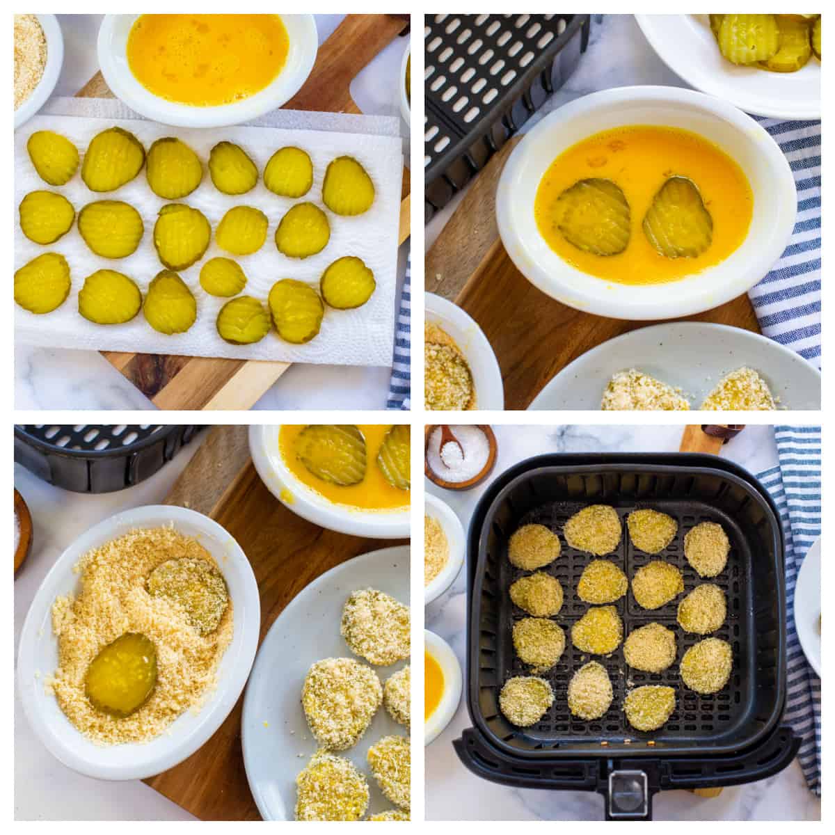 Collage showing how to make fried pickles with low carb ingredients.