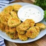 Fried pickles on plate.