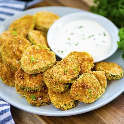 Fried pickles on plate.