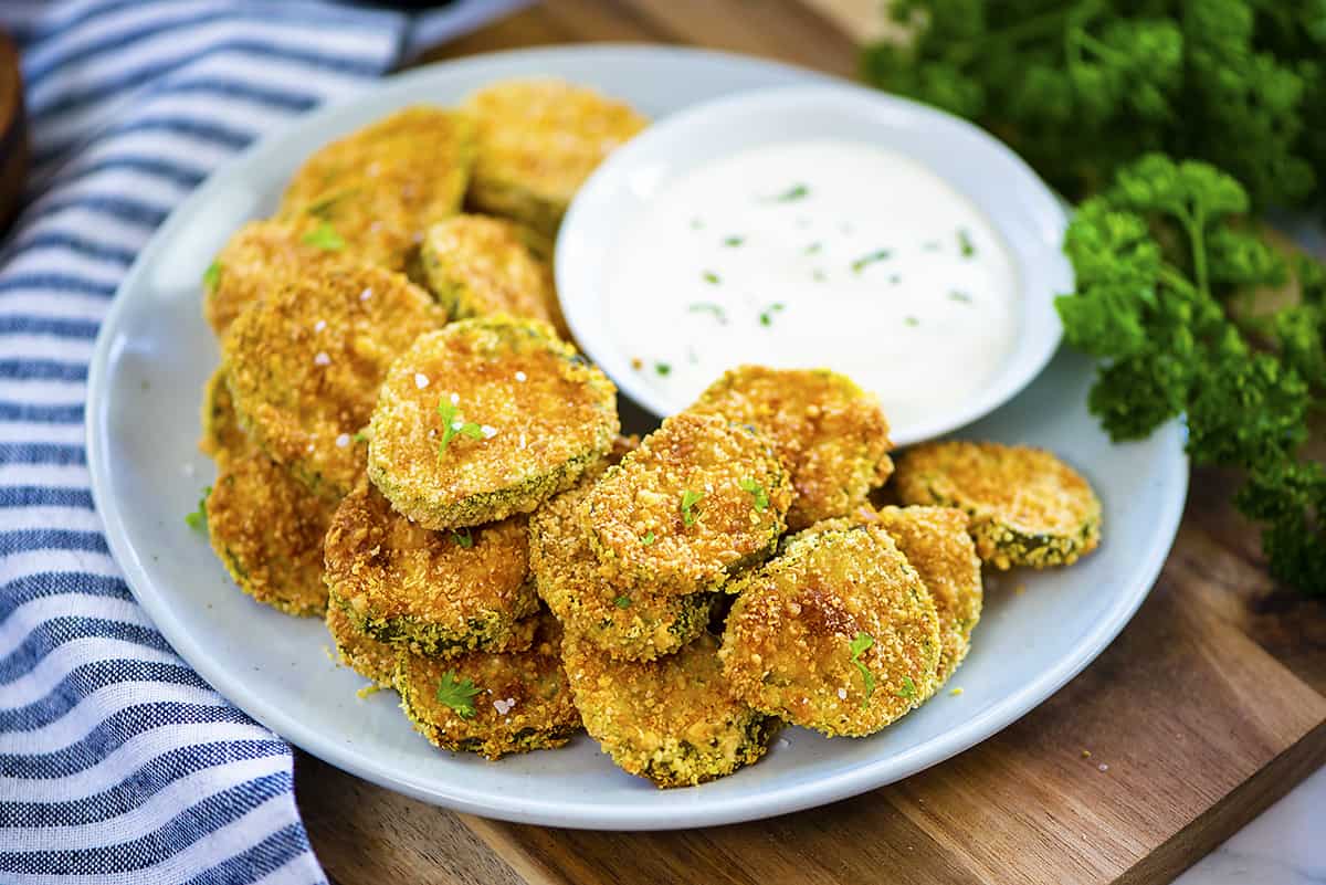 Fried pickles on plate.