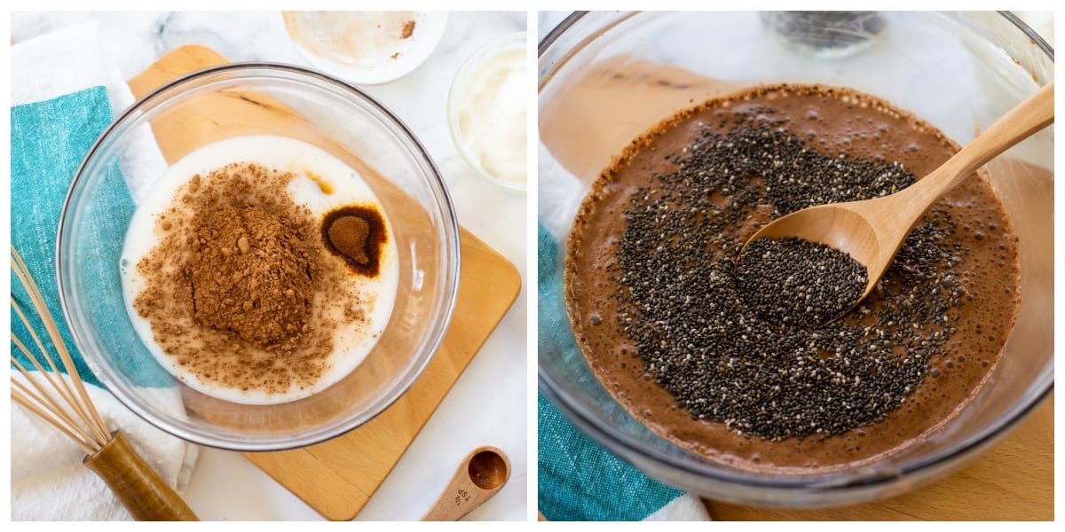 Collage showing to make chocolate chia pudding.