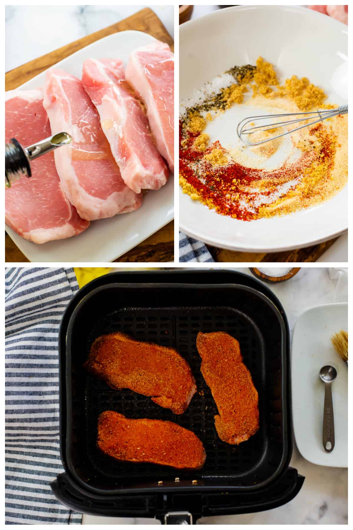 Collage showing how to make boneless pork chops in the air fryer.