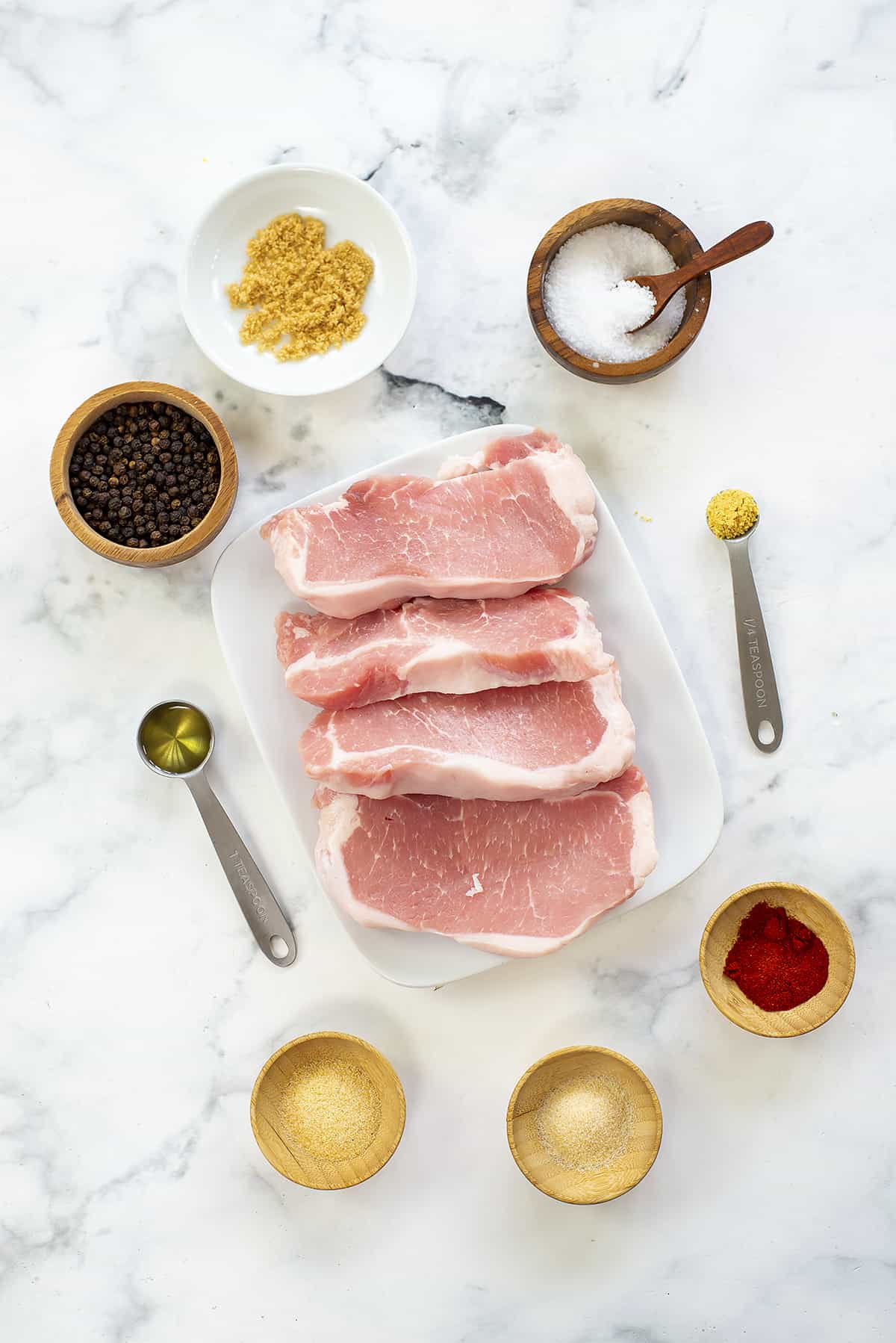 Ingredients for air fryer boneless pork chops recipe.