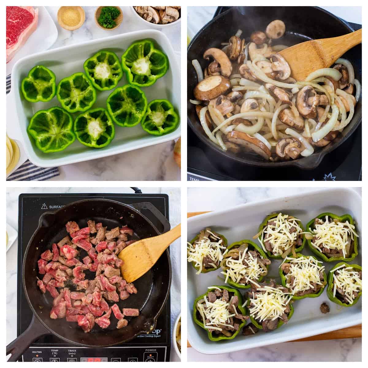Collage showing how to make philly cheesesteak stuffed peppers.