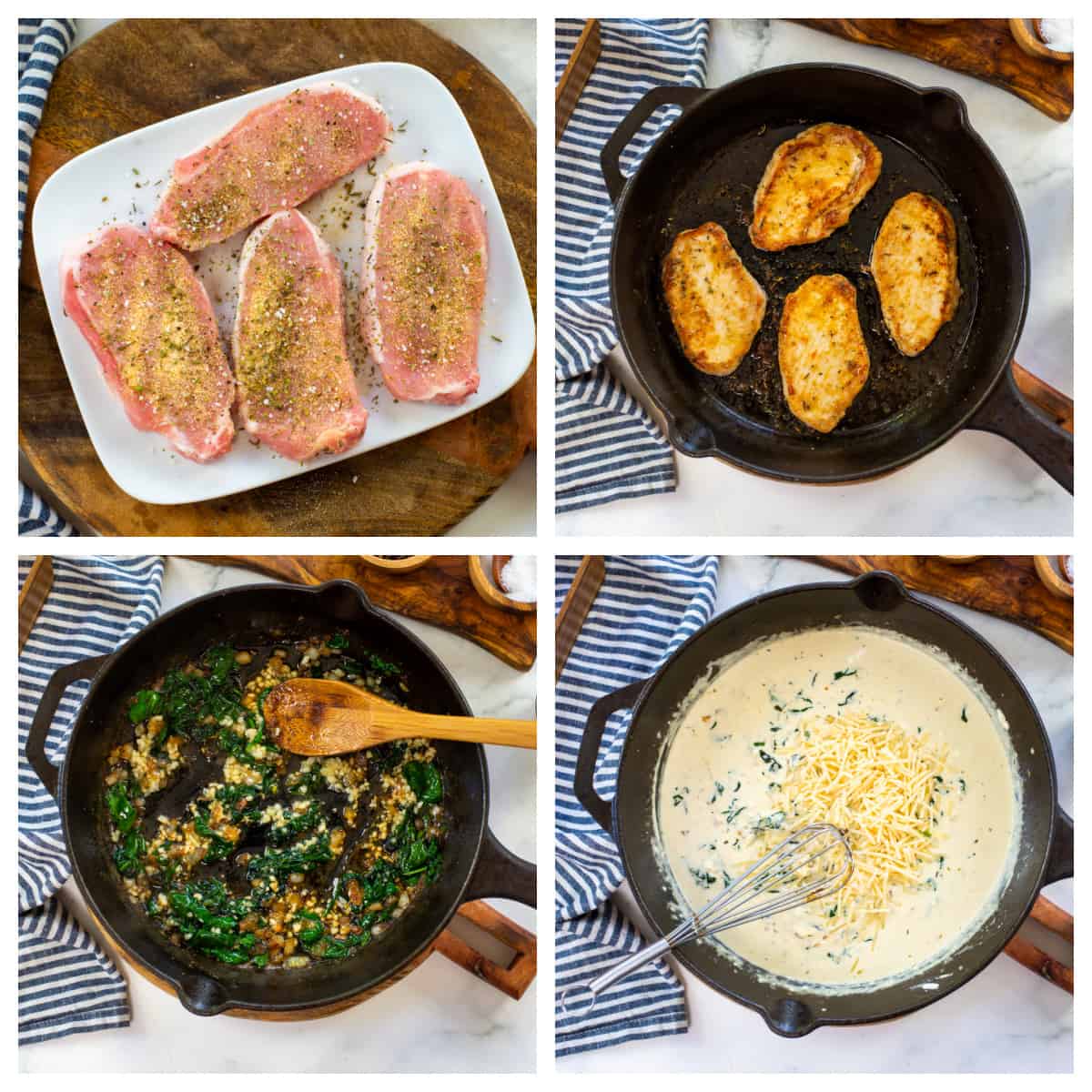 Collage showing how to make garlic parmesan pork chops in a skillet.