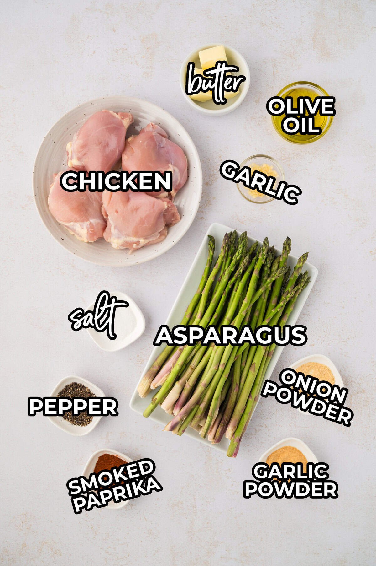 Ingredients for one skillet chicken and asparagus recipe.