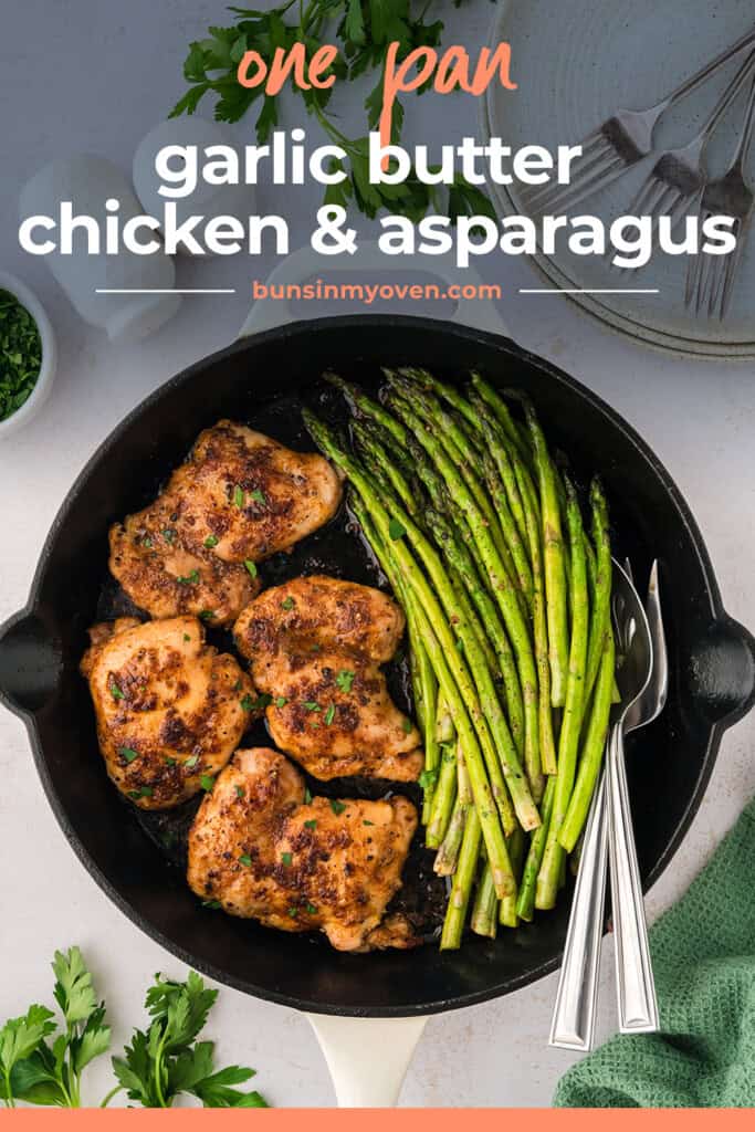 Chicken thighs and asparagus in cast iron skillet.