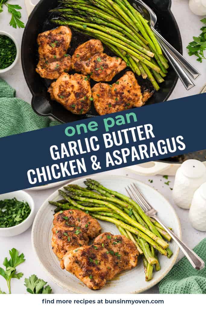 Collage of chicken and asparagus recipe images.