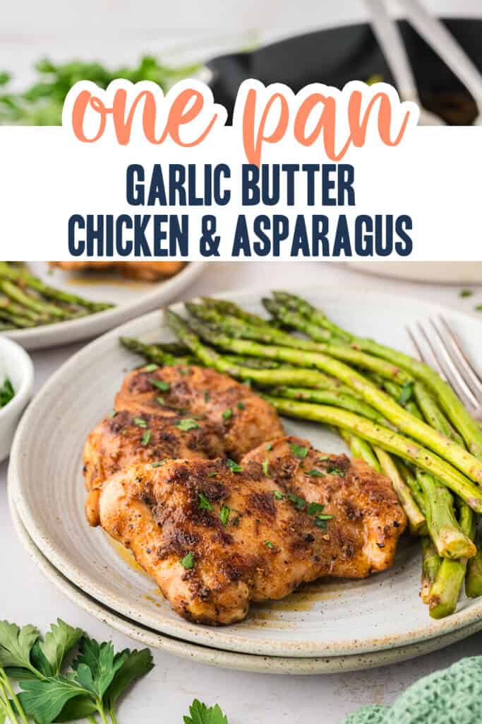 Chicken thighs and asparagus on plate.