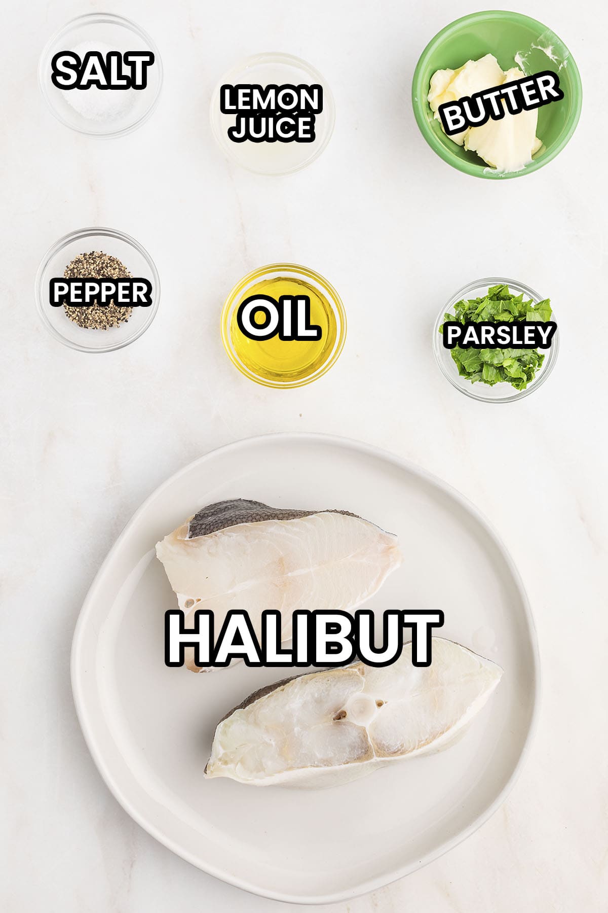Ingredients for pan seared halibut recipe.