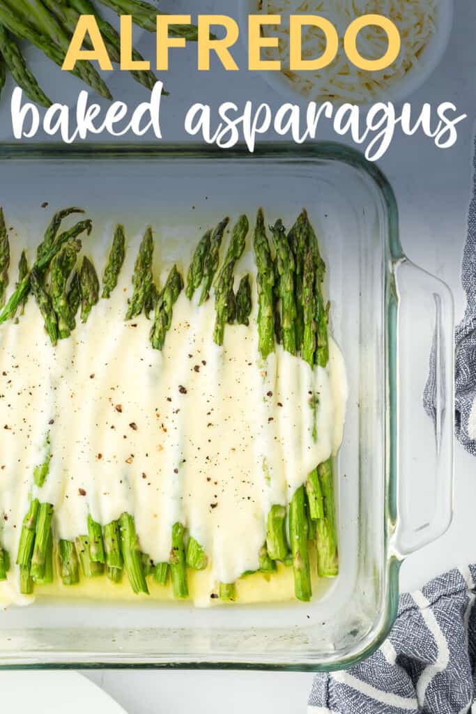 Glass baking dish full of asparagus.