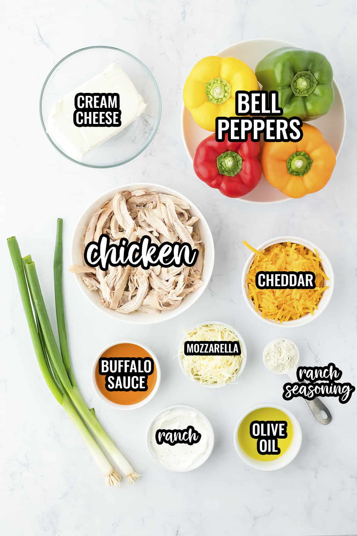 Ingredients for buffalo chicken stuffed peppers recipe.