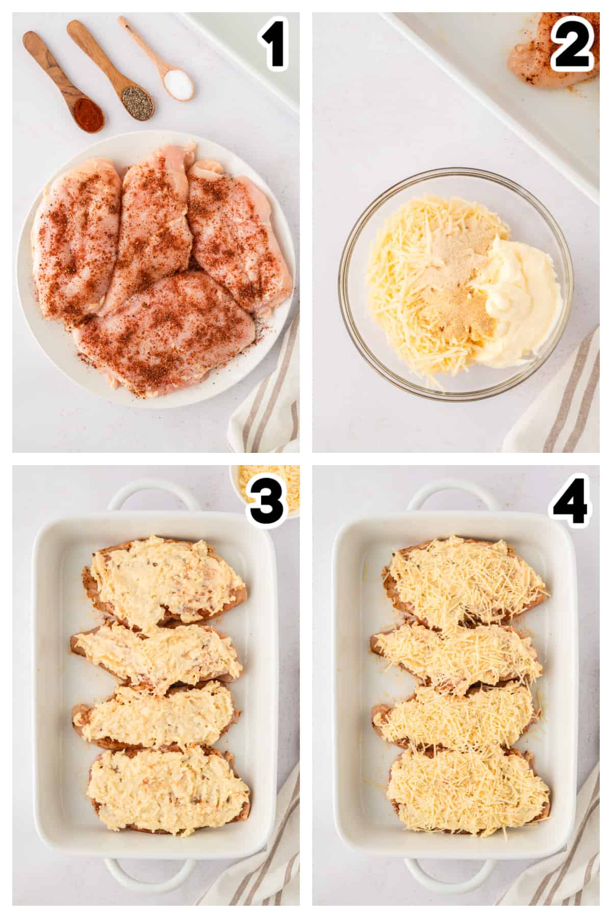 Collage showing how to make mayo parmesan chicken recipe.