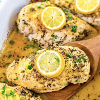 Lemon butter chicken in baking dish.