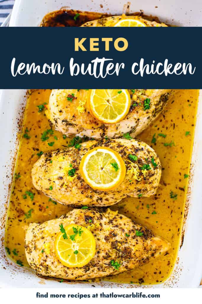 Overhead view of lemon butter chicken recipe in white baking dish.