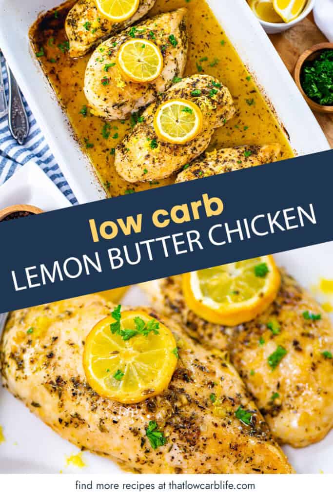 Collage of lemon butter baked chicken images.