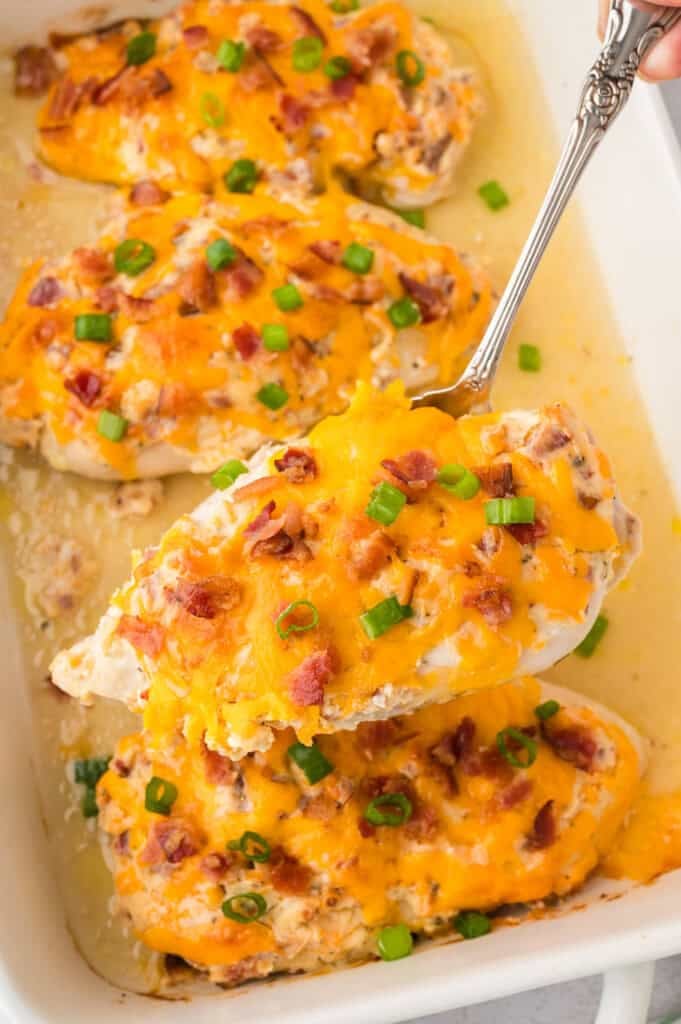 Baked crack chicken in baking dish.