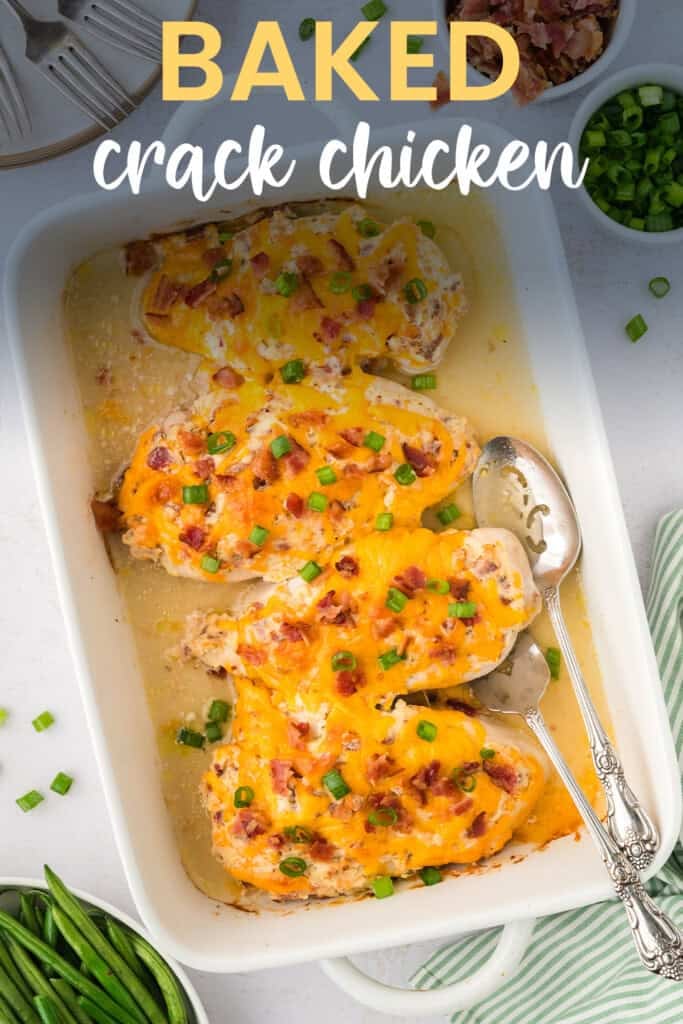 Baked chicken breasts in white dish.