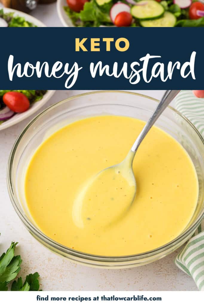 Low carb honey mustard dressing in mixing bowl.