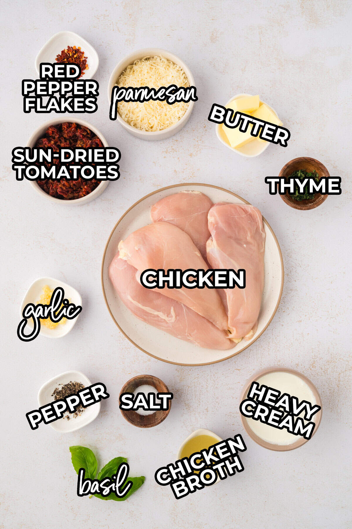 Ingredients for keto marry me chicken recipe.