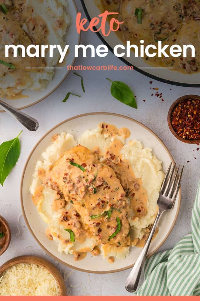 Overhead view of marry me chicken on a plate.
