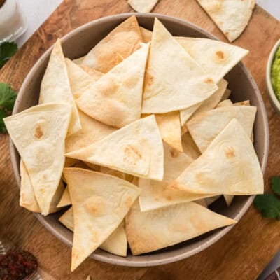 Bowl full of keto tortilla chips.