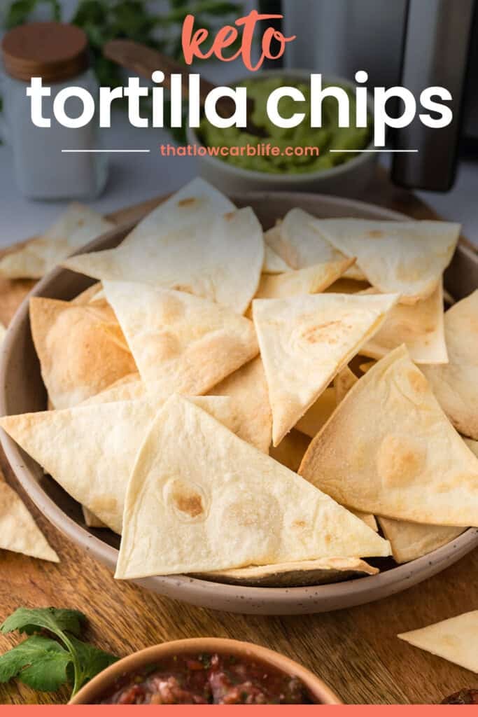 Bowl full of air fried keto tortilla chips.