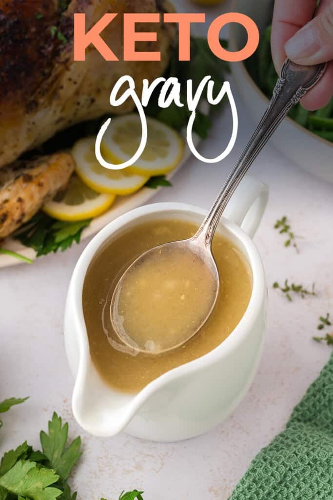 Spoon full of keto gravy recipe in gravy boat.