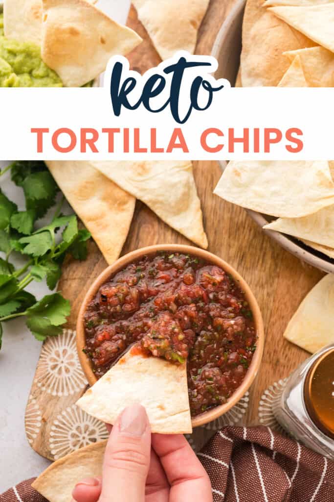Keto tortilla chips being dipped in salsa.