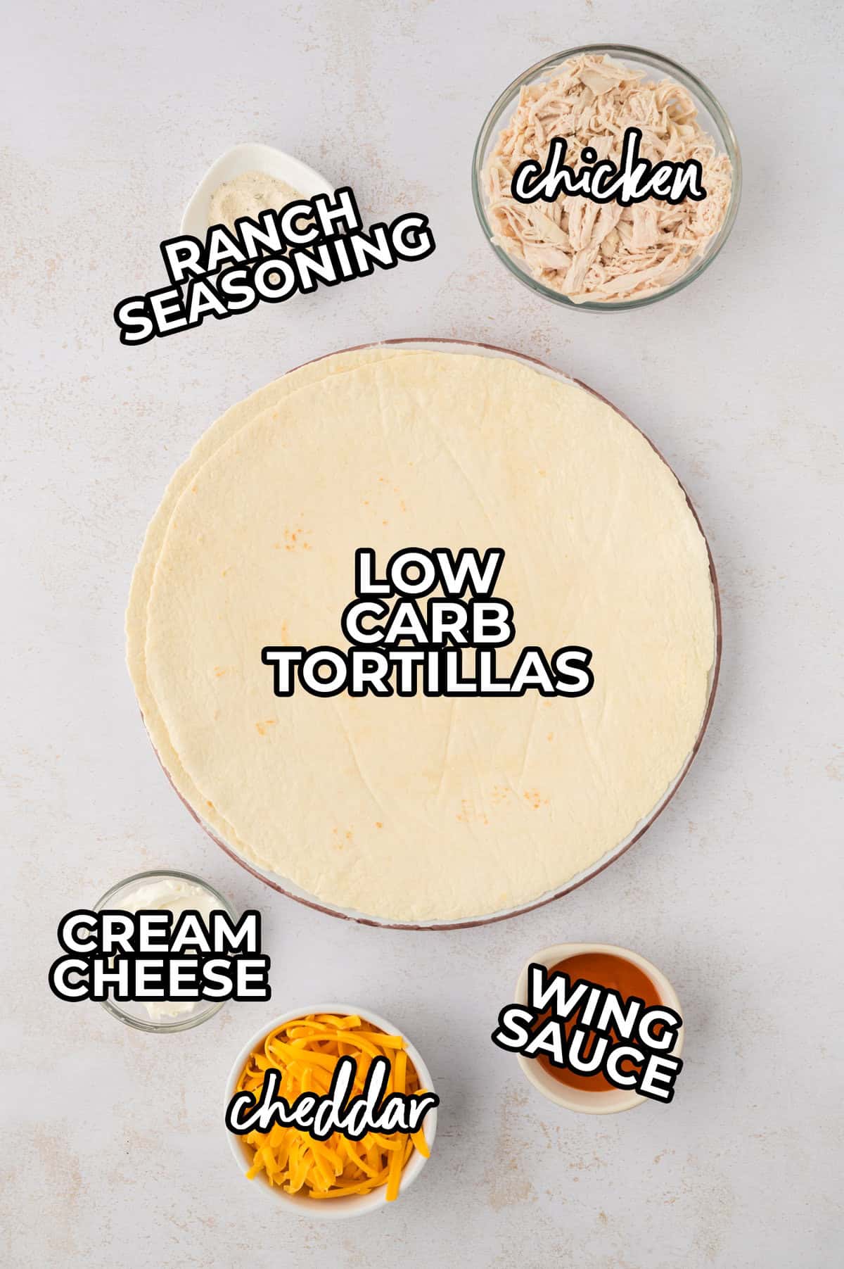 Ingredients for buffalo chicken pinwheels recipe.