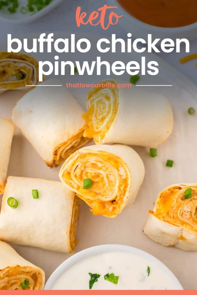 Buffalo chicken pinwheel recipe on plate.