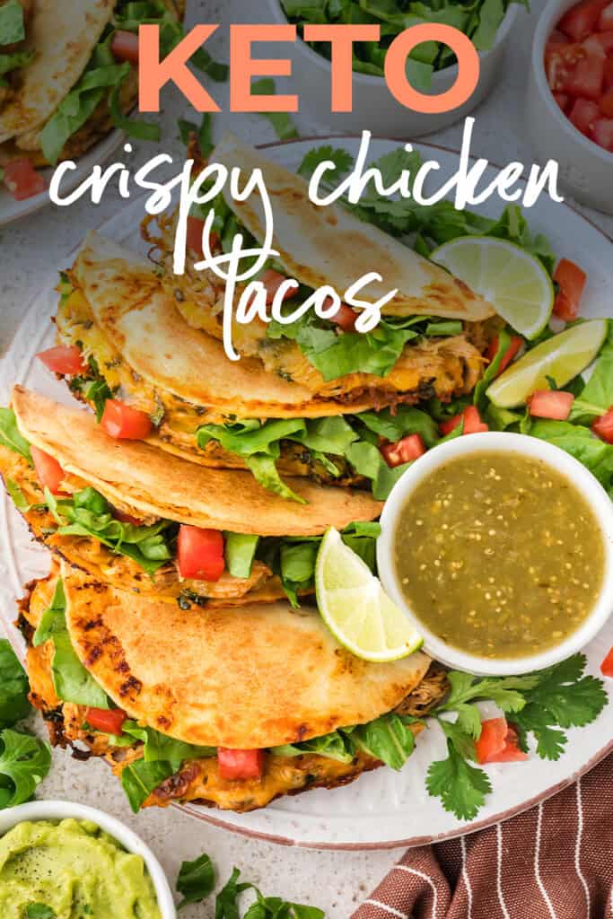 Low carb chicken tacos on plate with salsa verde.