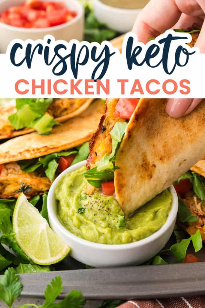 Crispy keto chicken taco being dipped in guacamole.