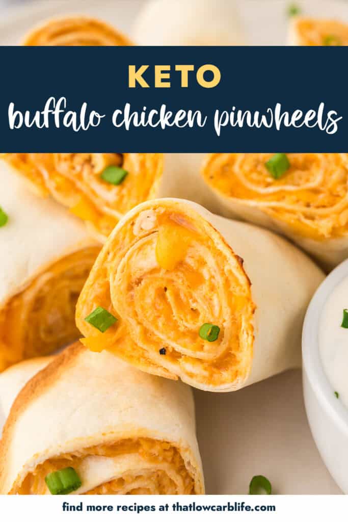 Low carb buffalo chicken pinwheels piled on plate.