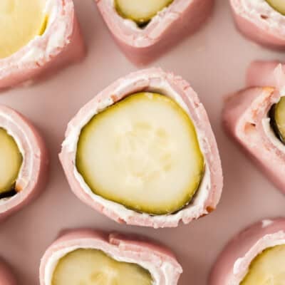 Ham and pickle roll up with cream cheese.