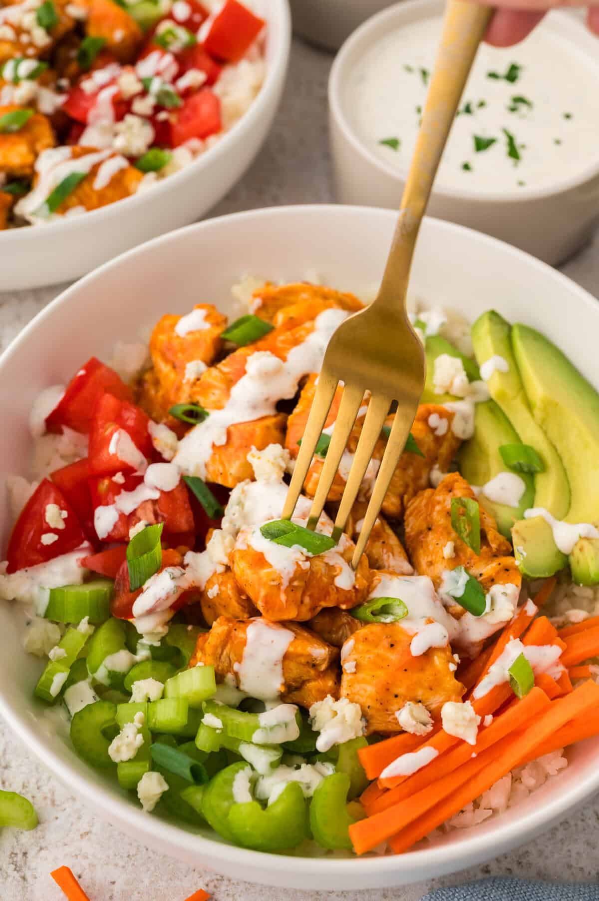 Fork grabbing a bite of buffalo chicken out of a bowl.