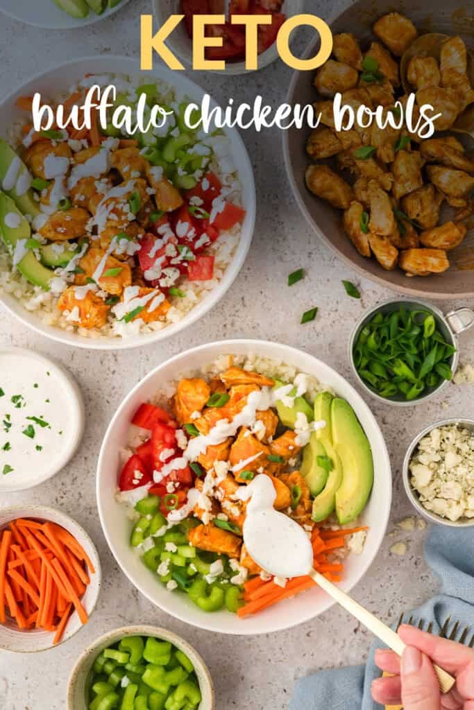 Bowl full of buffalo chicken and vegetables.