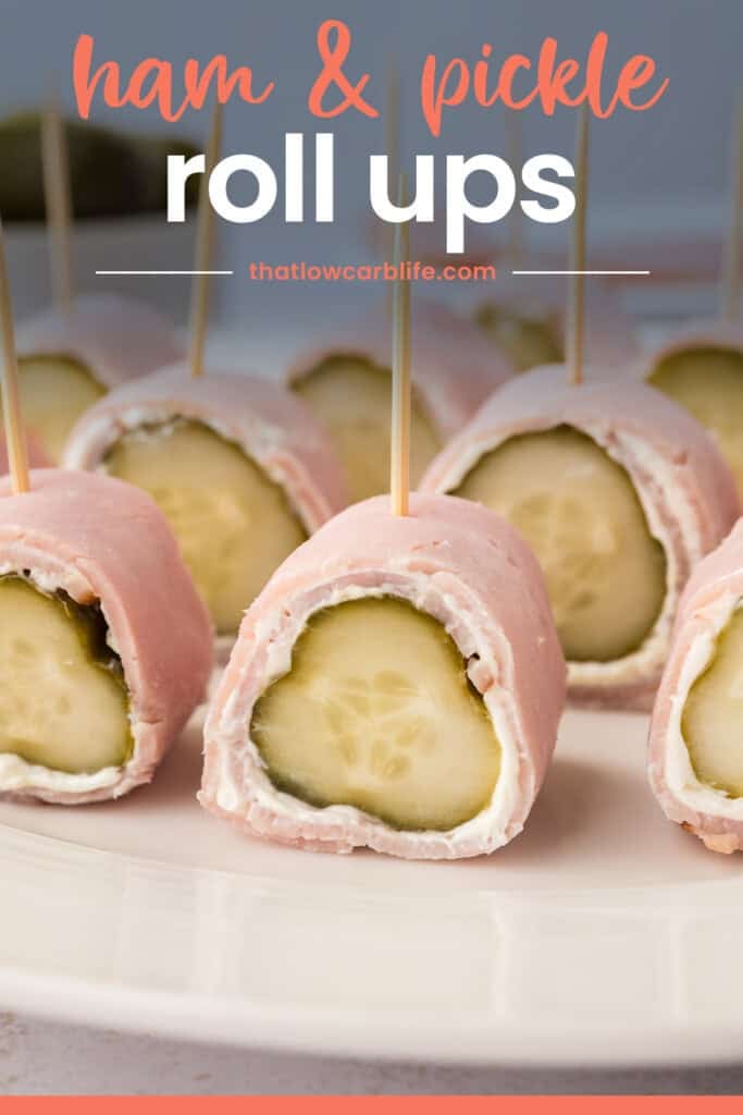 Low carb ham and pickle roll ups on plate.