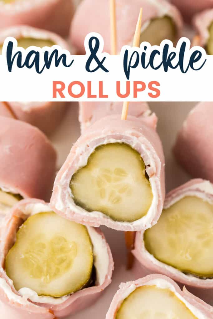 Close up of pickle and ham roll up.
