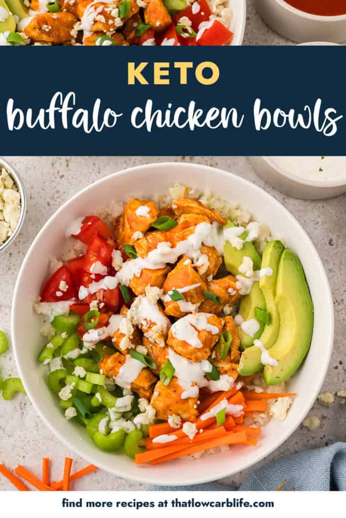 Overhead view of keto buffalo chicken bowls.