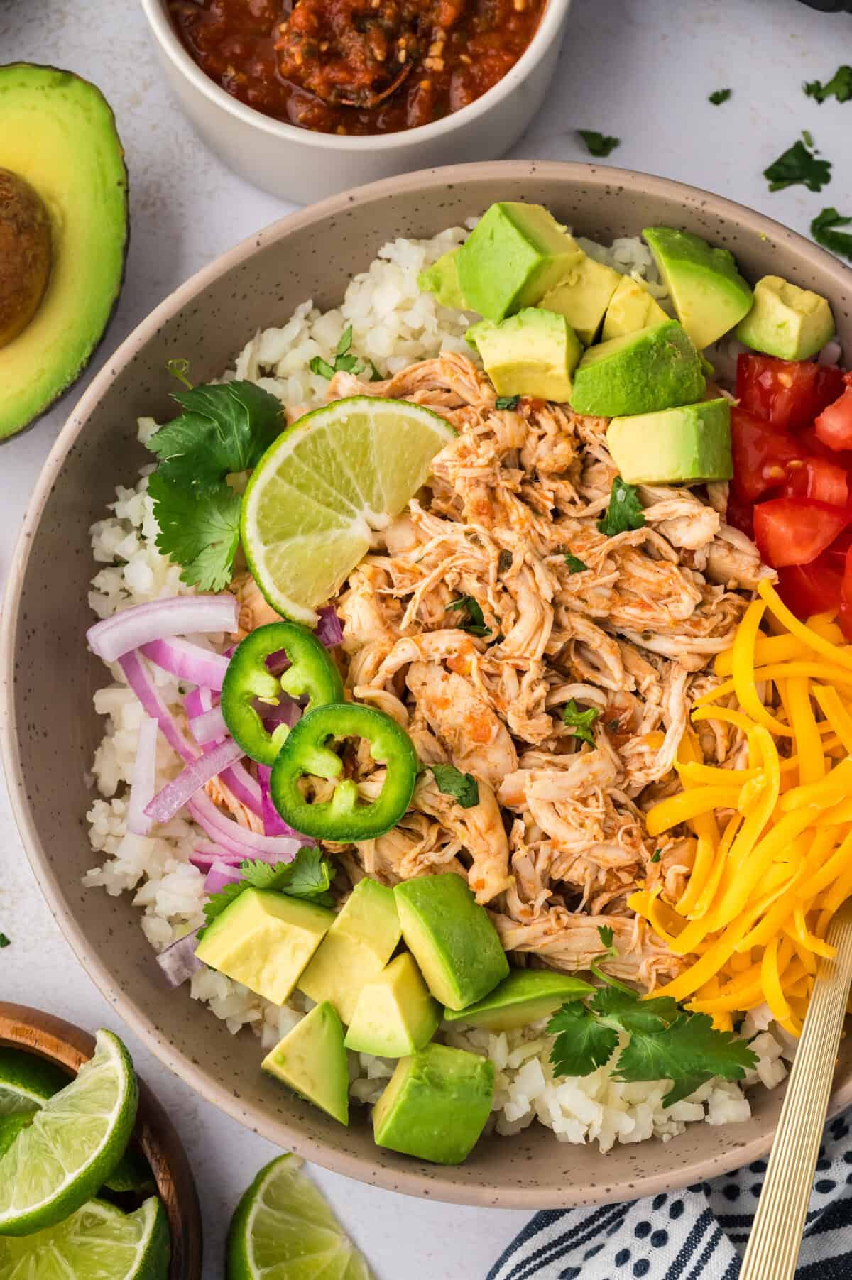 Bowl filled with cauliflower rice and keto salsa chicken recipe.